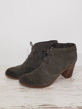 Toms Olive Green Suede Lace Up Heeled Booties Women's Size 12